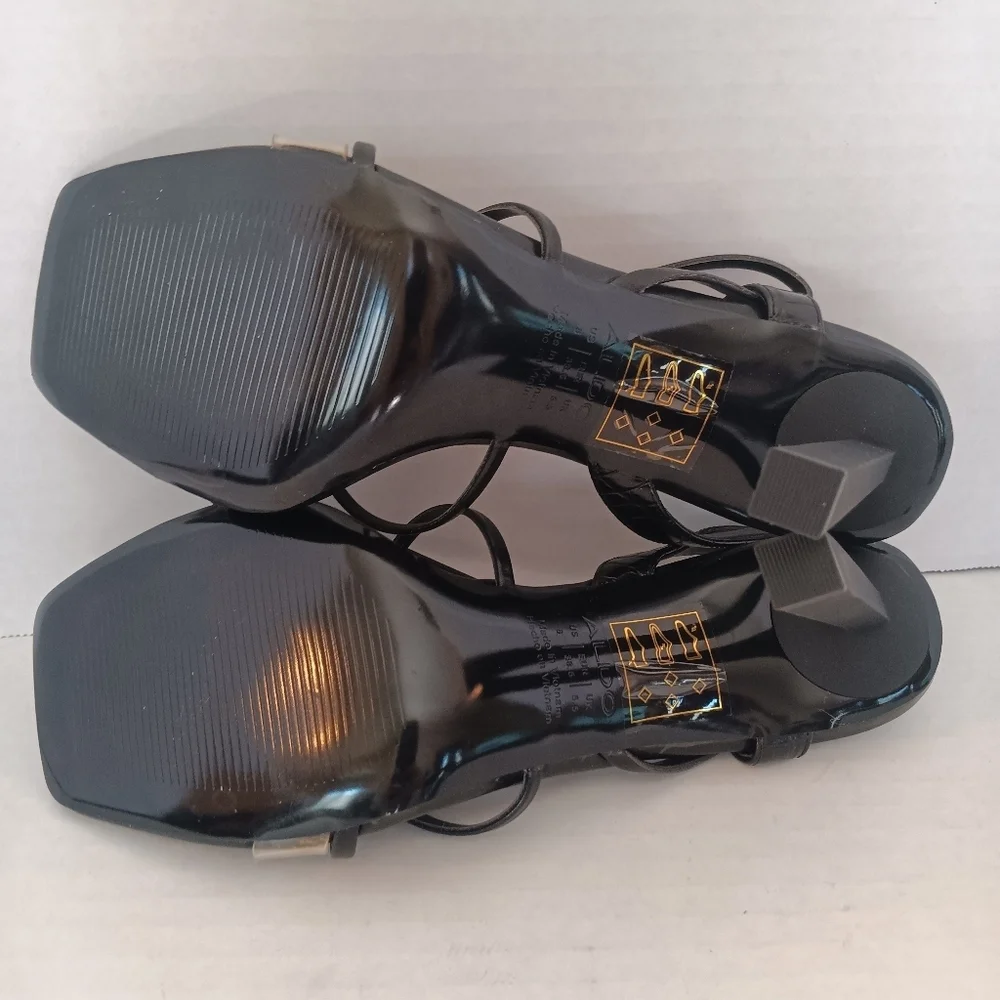 Aldo Sandals Women's Size 8 Juliet Heeled Black Straps Clear Toe Band Square Toe - Picture 9 of 12